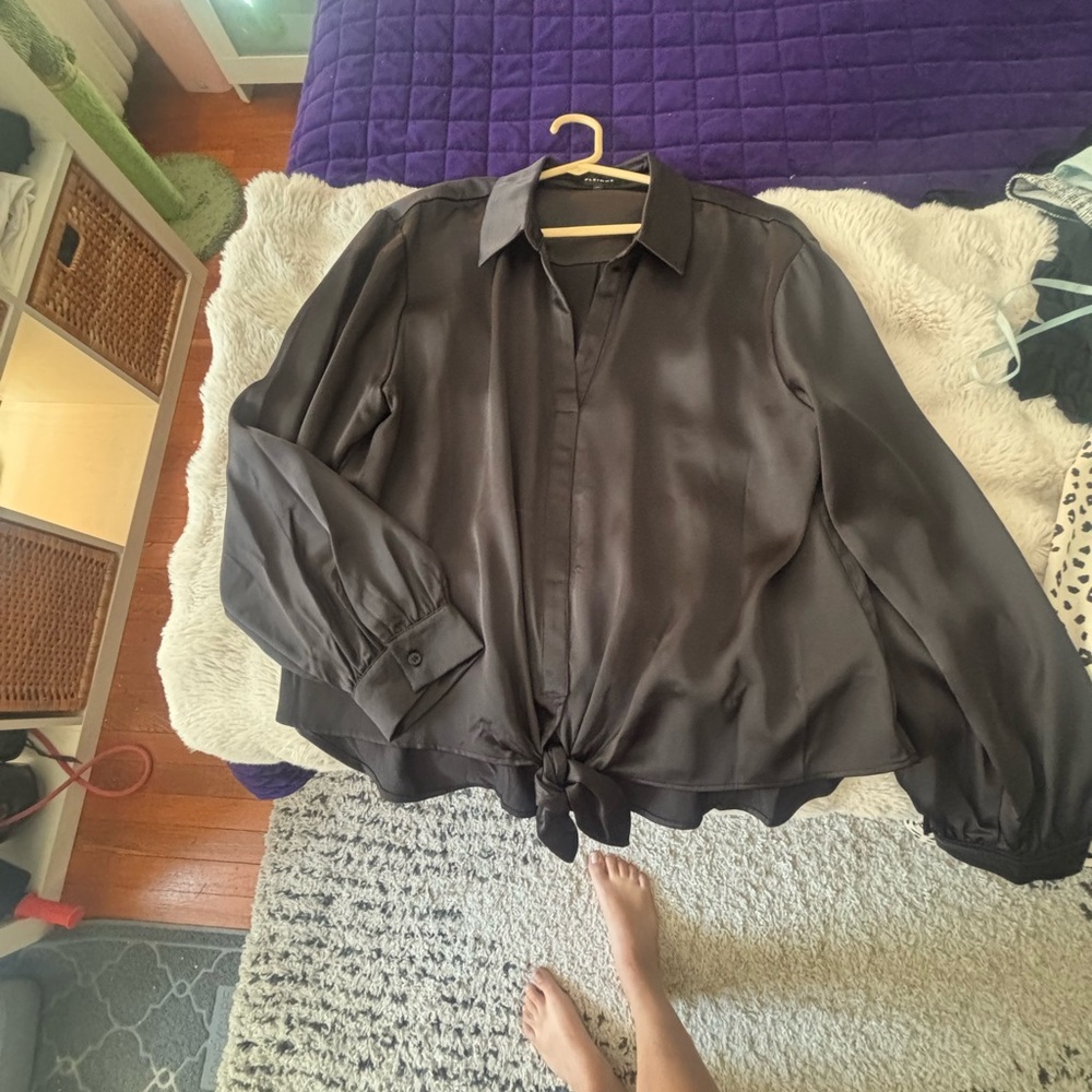 Pleione Black satin blouse with front tie detail